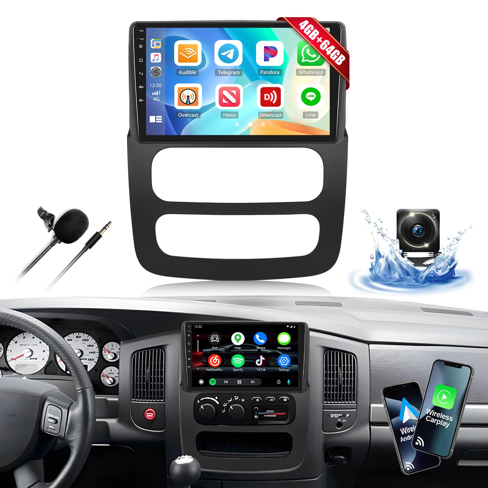 Photo 1 of ITEM IS MISSING PARTS, UNSURE WHAT PARTS ARE MISSING ---------------------------------------4GB+64GB Car Stereo Radio for Dodge RAM 1500 2500 2002 2003 2004 2005 with Wireless CarPlay Android Auto 10" Touch Screen Radio Android 13 Head Unit with 32EQ Blue