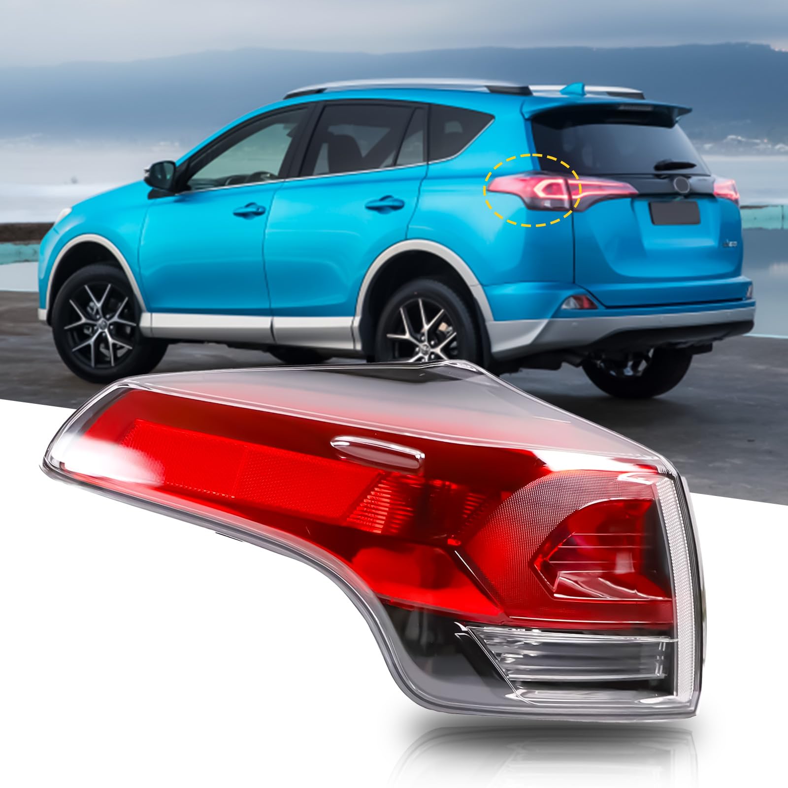 Photo 1 of **HAS MINOR DAMAGE *** Halogen OE Tail Lights Taillights Assembly for 2016-2018 Toyota Rav4, Red Rear Brake Signal Plate Tail Lamp Replacement With Bulb and Harness (Outer, Driver Side (Left))
