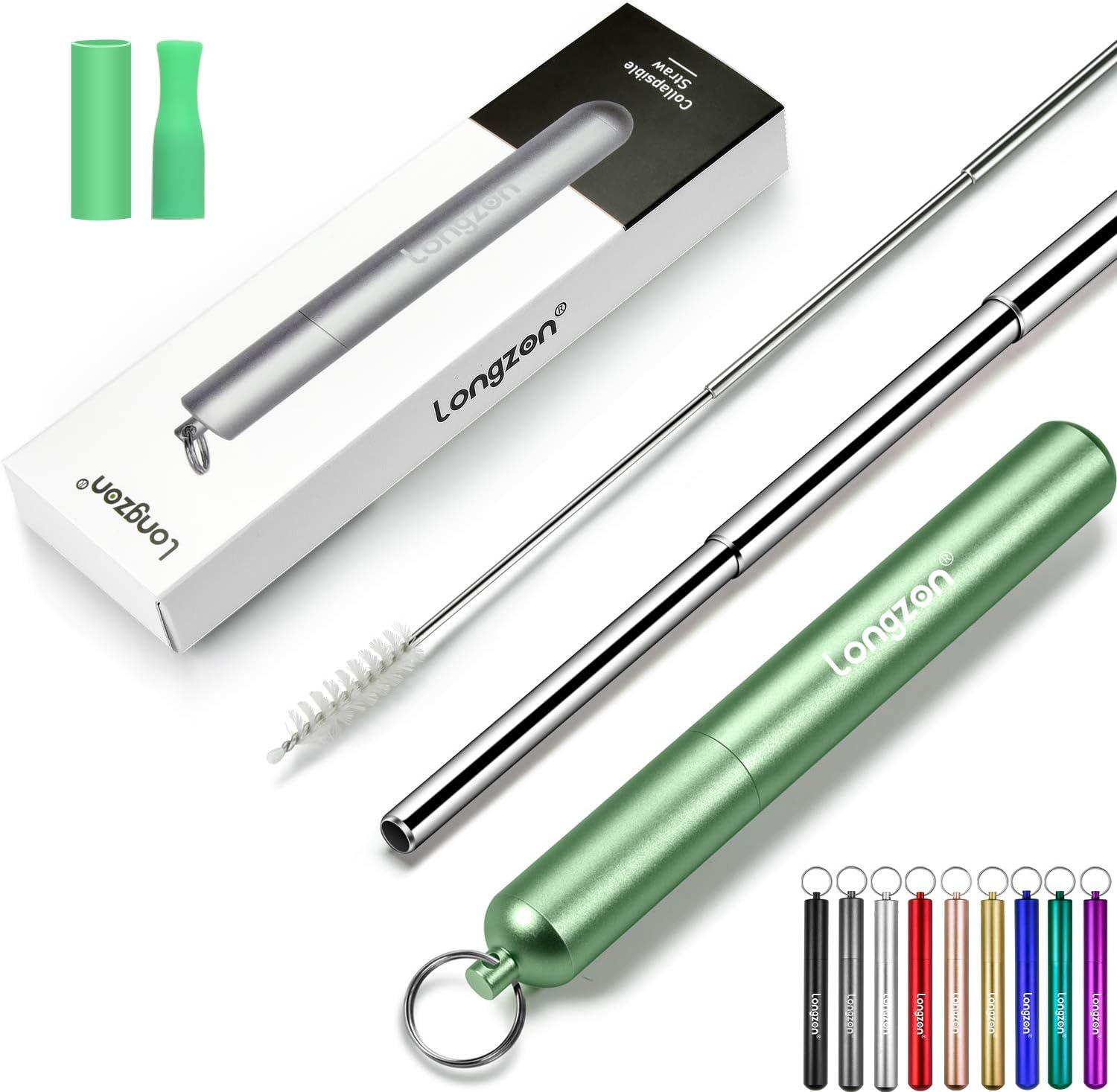 longzon Reusable Straw, Collapsible Stainless Steel Straws Portable Drinking Metal Straws with Aluminum Key-Ring Case & Telescopic Cleaning Brush for Travel, Home Using – Light-Green Case
