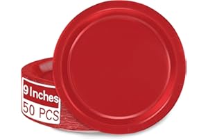 QZYL 50 PCS Paper Plates, Red Heavy Duty Party Plates, Round 9 Inches Disposable Paper Dinner Plates, Everyday Use Paper Plates Set for Daily Meals Wedding Christmas Picnic Supplies