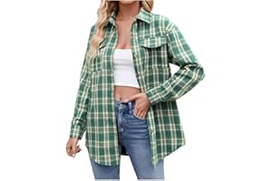 Sczwkhg Womens Flannel Plaid Shirts 2024 Trendy Oversized Long Sleeve Button Down Blouse Casual Going Out Tops with Pocket