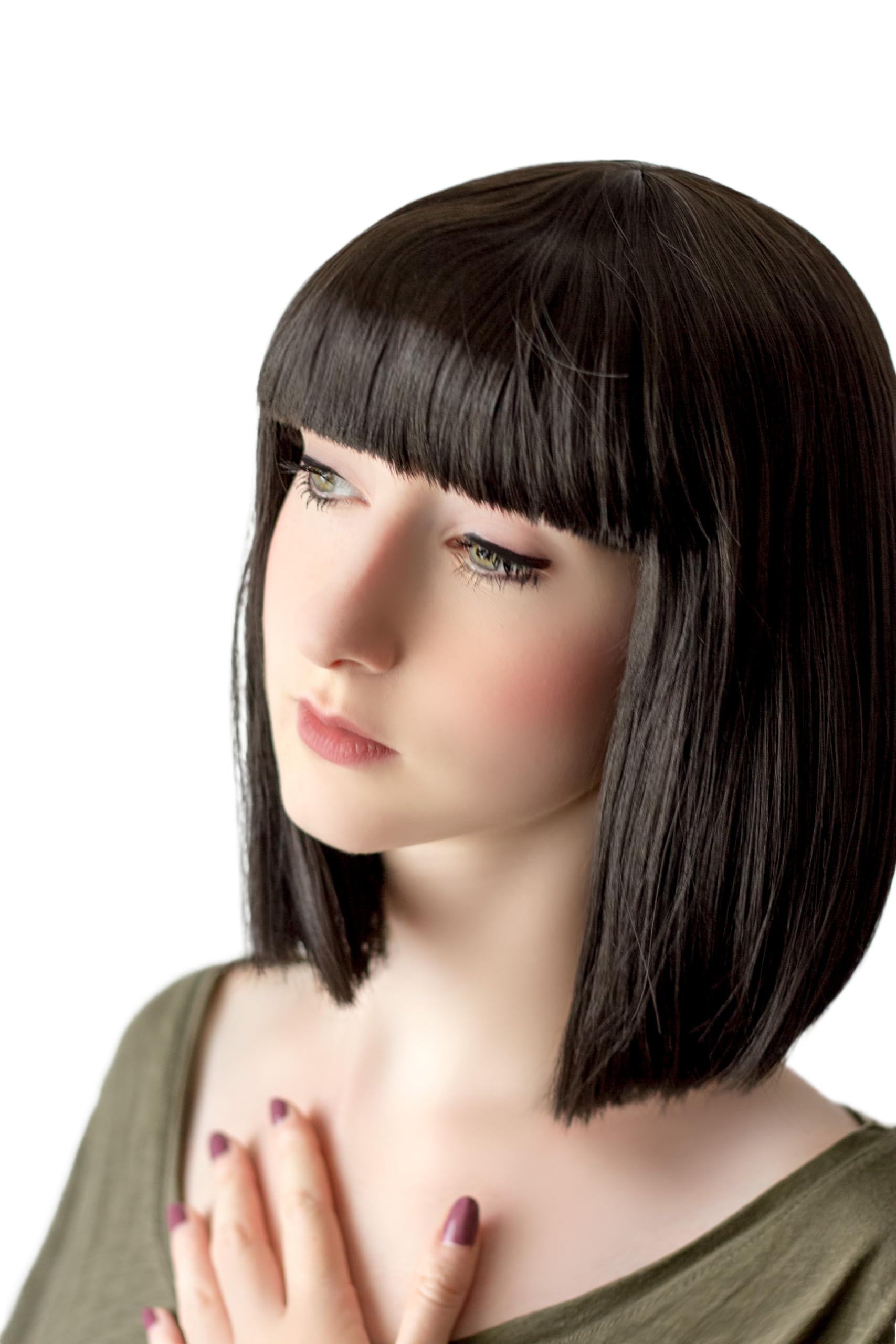 Prettyland Event Ladies Bob Straight Bangs Wig Medium Length Short Straight Heat Resistant Wig for Show Carnival Black C757