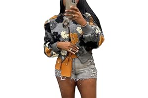 Aimiray Women's Cropped Floral Print Jacket Long Sleeve Fleece Warm Bomber Jacket Lightweight Button Varsity Coats
