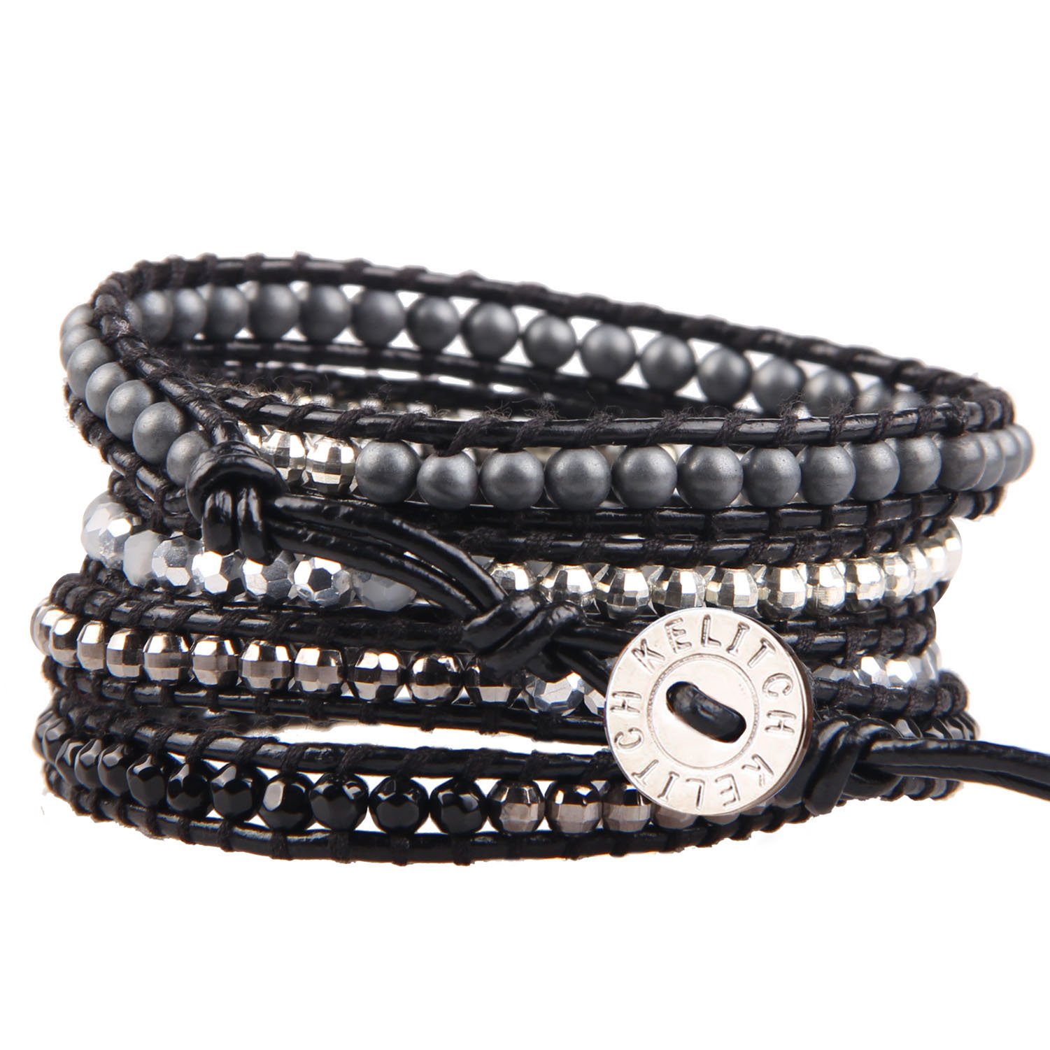 KELITCH Bracelet Men Women Personalised Black Onyx and Silver Plated Hematite Bead 5 Wrap Bracelet on Black Leather
