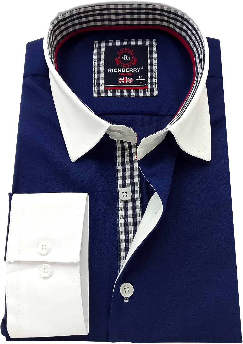RICHBERRY Men's Contrast Collar & Cuff Regular Fit Long Sleeve Plain Shirt