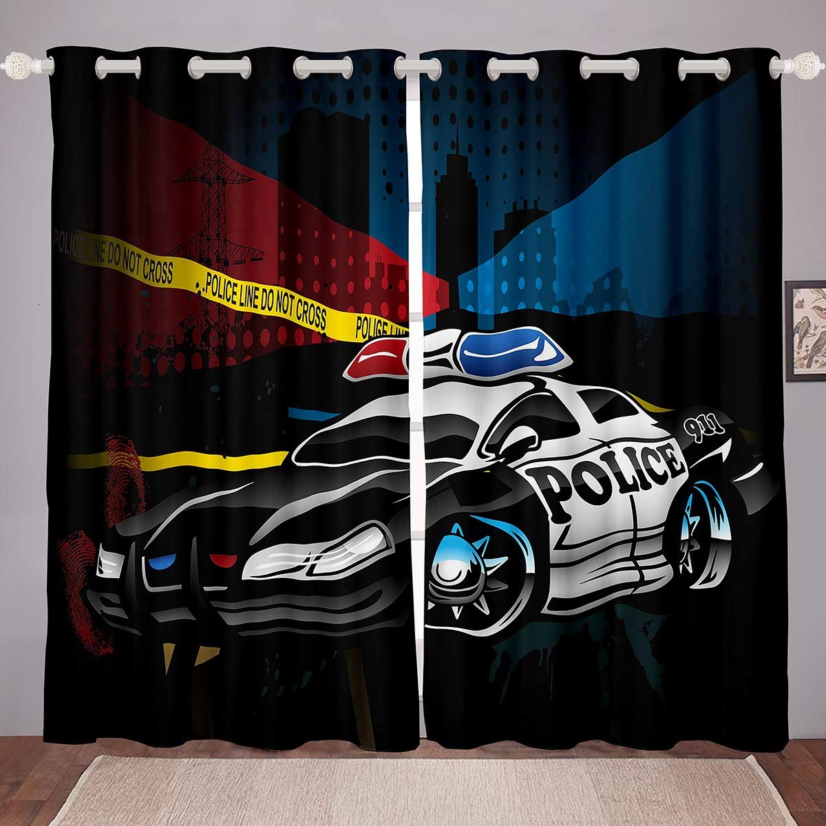 Police Car Window Treatments Police Themed Curtain For Kids Boys Girls Police Line Vehicles Print Window Drapes Ultra Soft Decor Automobile Style Cool Window Curtain W46*L54