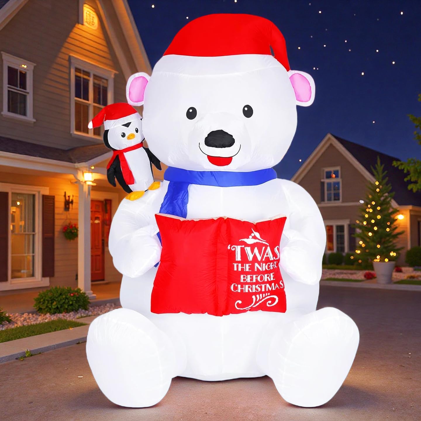 Photo 1 of 8FT Giant Christmas Inflatable Polar Bear with Penguin Decoration, LED Light Up & Built-in Speaker, Blow Up Outdoor Indoor Xmas Yard Decor for Lawn Garden Party Holiday Season