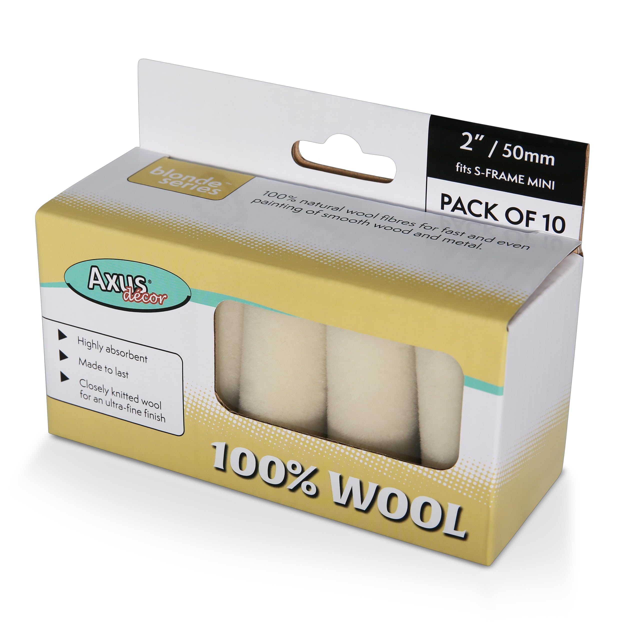 Axus Decor 100% Wool Roller (Blonde Series) Paint Roller Sleeve for Painting, Mini Sleeves, for Smooth Wood & Metal Surface, Compatible with Standard Mini Handles - 2"/50mm,10Pk