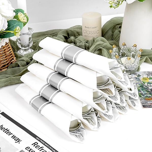 JOYIDO 100PACK WRAPPED SILVER PLASTIC SILVERWARE SETS – HEAVY DUTY PLASTIC SILVERWARE INCLUDE PRE ROLLED DISPOSABLE UTENSILS WITH NAPKINS FOR PARTIES & DINNERS & WEDDINGS