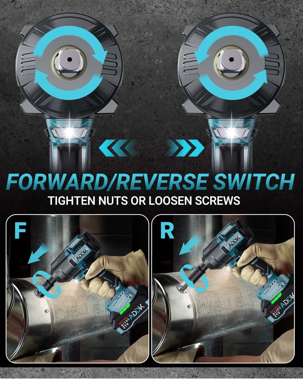 ADWOLT 1600N.M Akku Schlagschrauber 21V 2x4.0Ah Batteries Bürstenloser 6-Gang-Getriebe 2600RPM Drehschlagschrauber, Elektrischer Schlagschrauber für LKW Auto Reifenwechsel 4