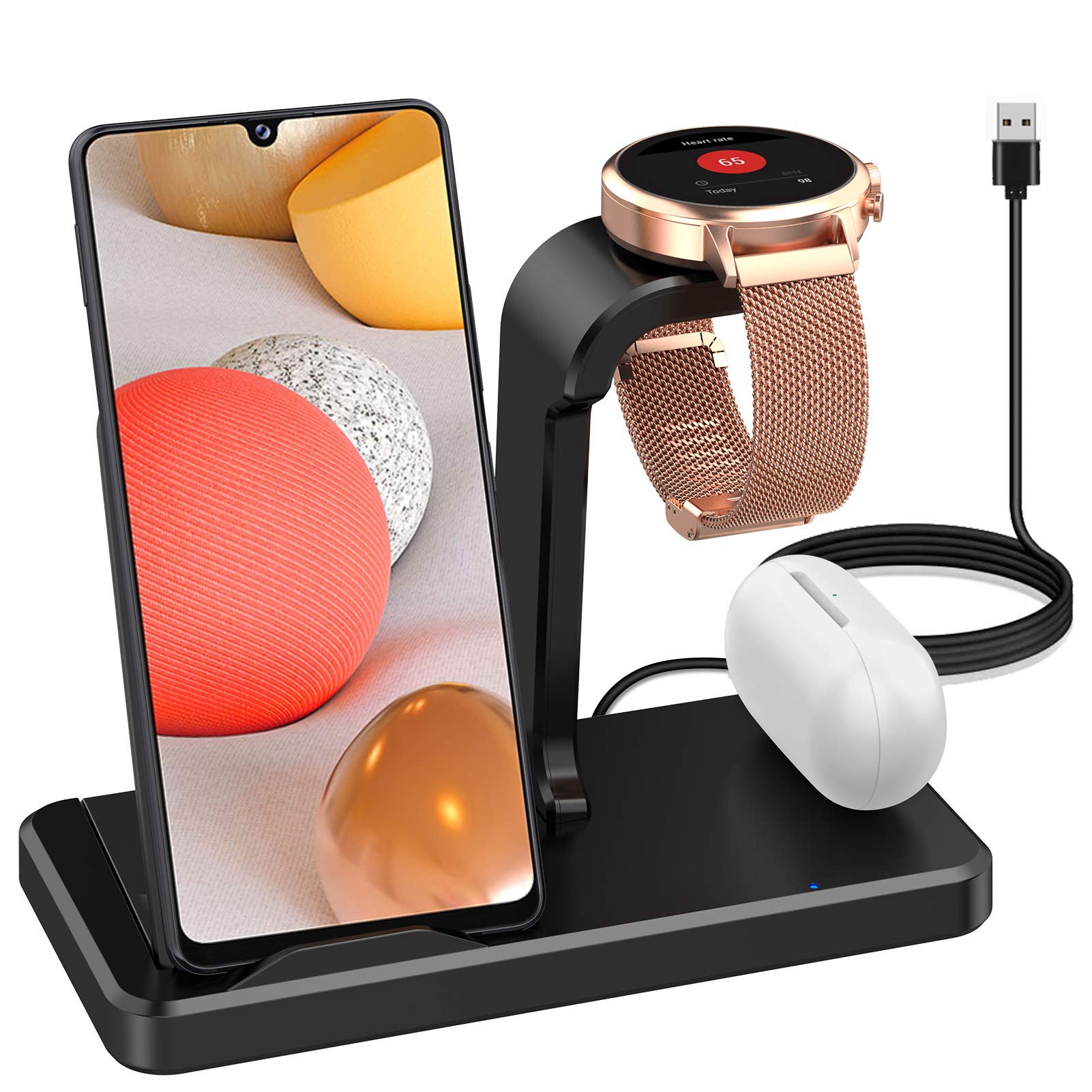 Aimtel 3 in 1 Wireless Charger Stand Station Compatible with Fossil Gen 5/5E/Gen 4 Charger,Type C Charger Port for Qi-enable iPhone Galaxy Phone(Not for Watch),Galaxy Buds(+/live/Pro) Charger