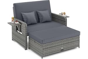 Tangkula Patio Rattan Daybed with 4-Level Adjustable Backrest, Outdoor PE Wicker Loveseat with Storage Ottoman & Folding Side