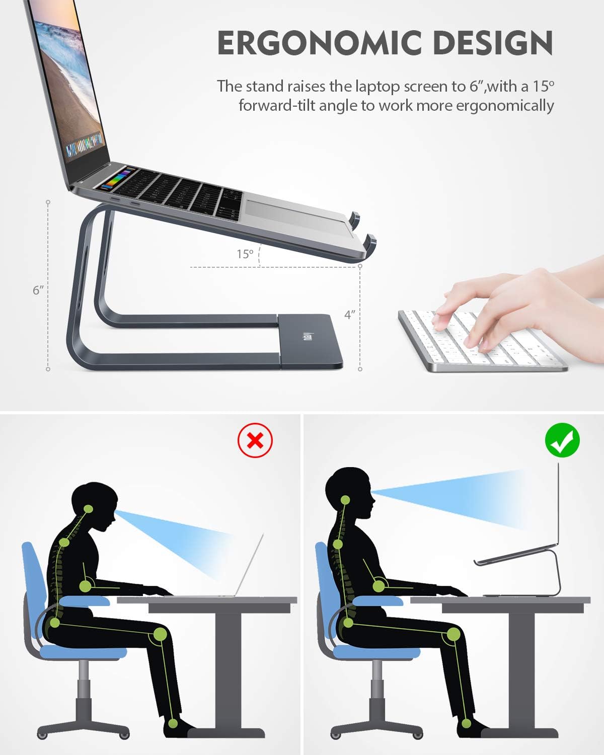 Nulaxy Laptop Stand, Ergonomic Aluminum Laptop Mount Computer Stand, Detachable Laptop Riser Notebook Holder Stand Compatible with MacBook Air Pro, Dell XPS, Lenovo More 10-15.6" Laptops - Space Gray: Computers & Accessories