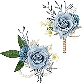 Serwalin Corsage and Boutonniere Set, Boutonniere and Wrist Corsage Wristlet Prom Homecoming Wedding Flowers Accessories Prom Suit Decorations (Blue & Dusty Blue)
