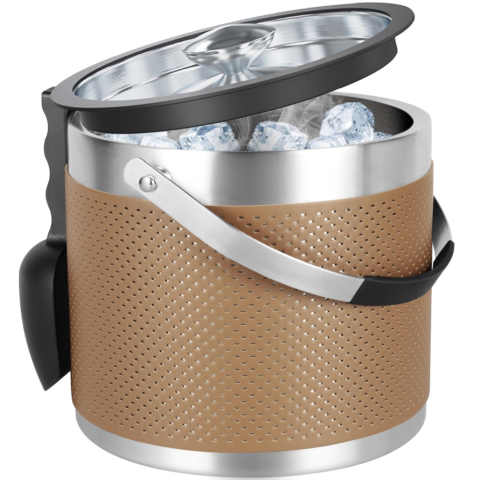 3Quart/3.2L Insulated Ice Bucket with Lid, Scoop, Leather Design Double Wall Stainless Steel Ice Bucket for Cocktail Bar, Parties (Brown) Image