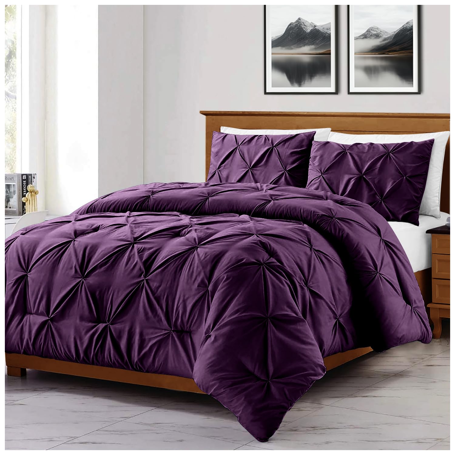 GC GAVENO CAVAILIA 3 Pieces Diamond Duvet Cover | Super Soft Pinch Pleat Bedding Double | Light Weight Pintuck 1x Quilt Cover Bedset With 2x Pillowcases | Aubergine