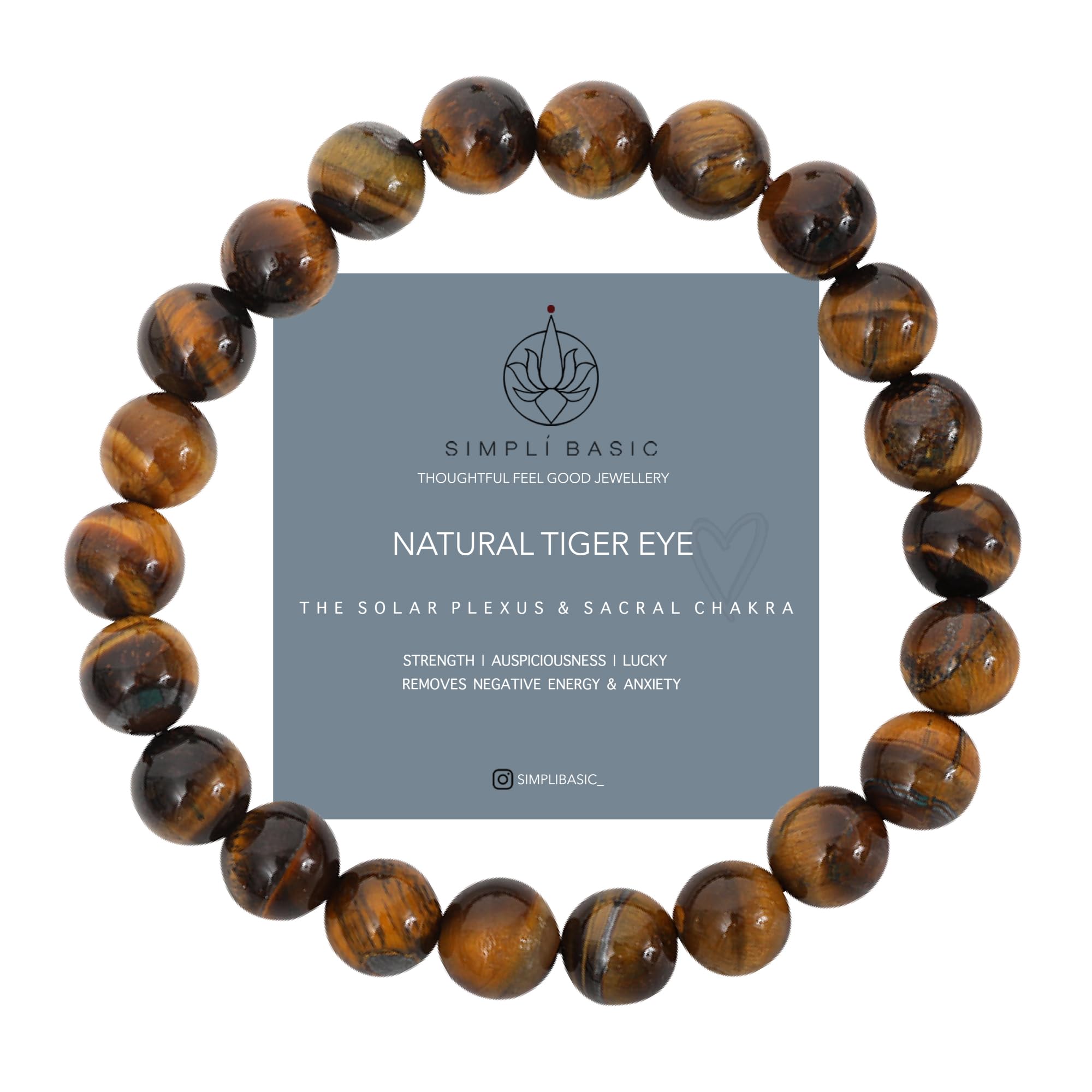 SIMPLÍ BASIC Natural 8MM Tiger Eye Brown Black Crystal Stone Healing Bracelet for Women and Men with Attractive Gift Box & Velvet Pouch