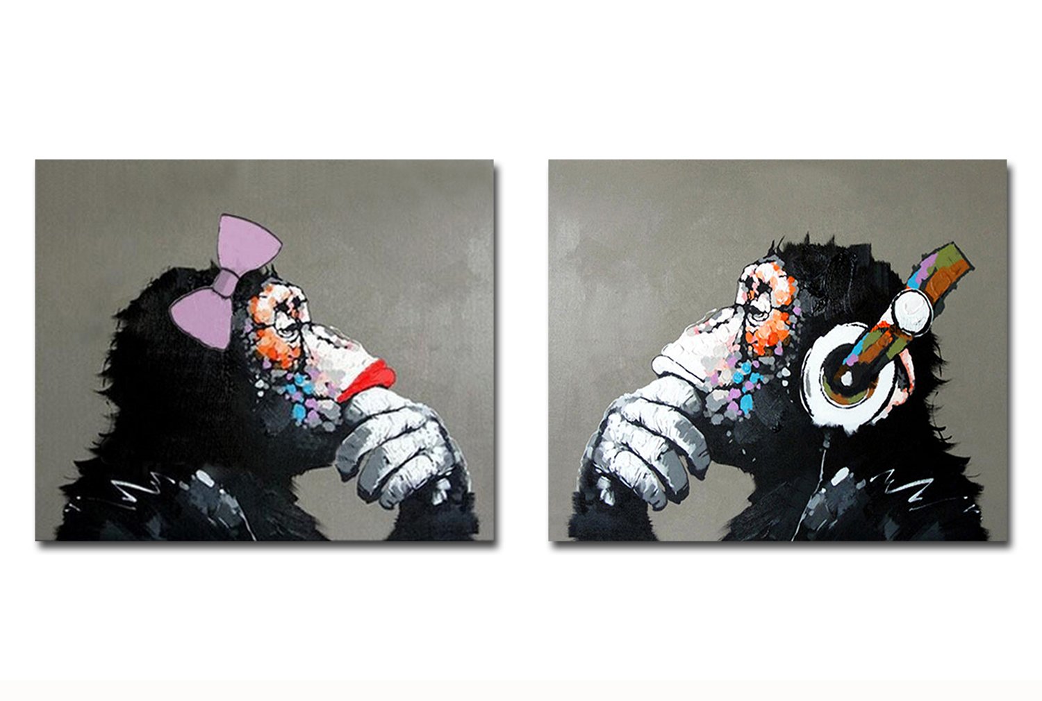 Fokenzary Hand Painted Oil Painting on Canvas Listening Music Pop Gorilla Couple Lover Wall Decor Framed Ready to Hang