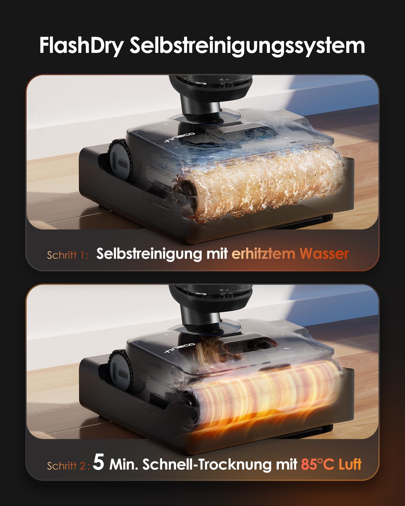 Tineco FLOOR ONE S7 Stretch Steam Nass Trockensauger 160 °C HyperSteam Dampfreiniger, 80 Min Laufzeit, DualBlock Anti-Tangle, FlashDry Selbstreinigung, Dreiseitige Kantenreinigung, hartnäckige Flecken 5