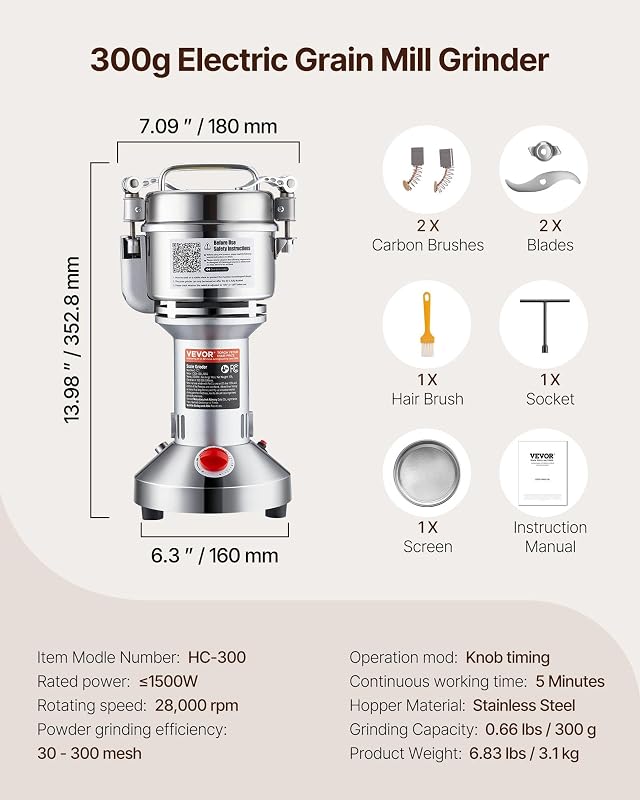 300g Mulino Elettrico per Cereali, Macina Spezie Commerciale Alta Velocità 1500 W, Macchina Polverizzazione in Acciaio Inox, per Cereali Secchi, Spezie, Caffè, Mais, Pepe, Tipo Oscillante