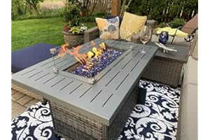 Vakollia Propane Fire Pit Table,44 Inch 55000 BTU Outdoor Gas Fire Pit Rectangular with Glass Wind Guard for Outside Patio Deck (Gray-Aluminum Top)
