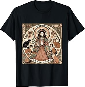 Saint Gertrude Patron St of Cats Folk Art T-Shirt