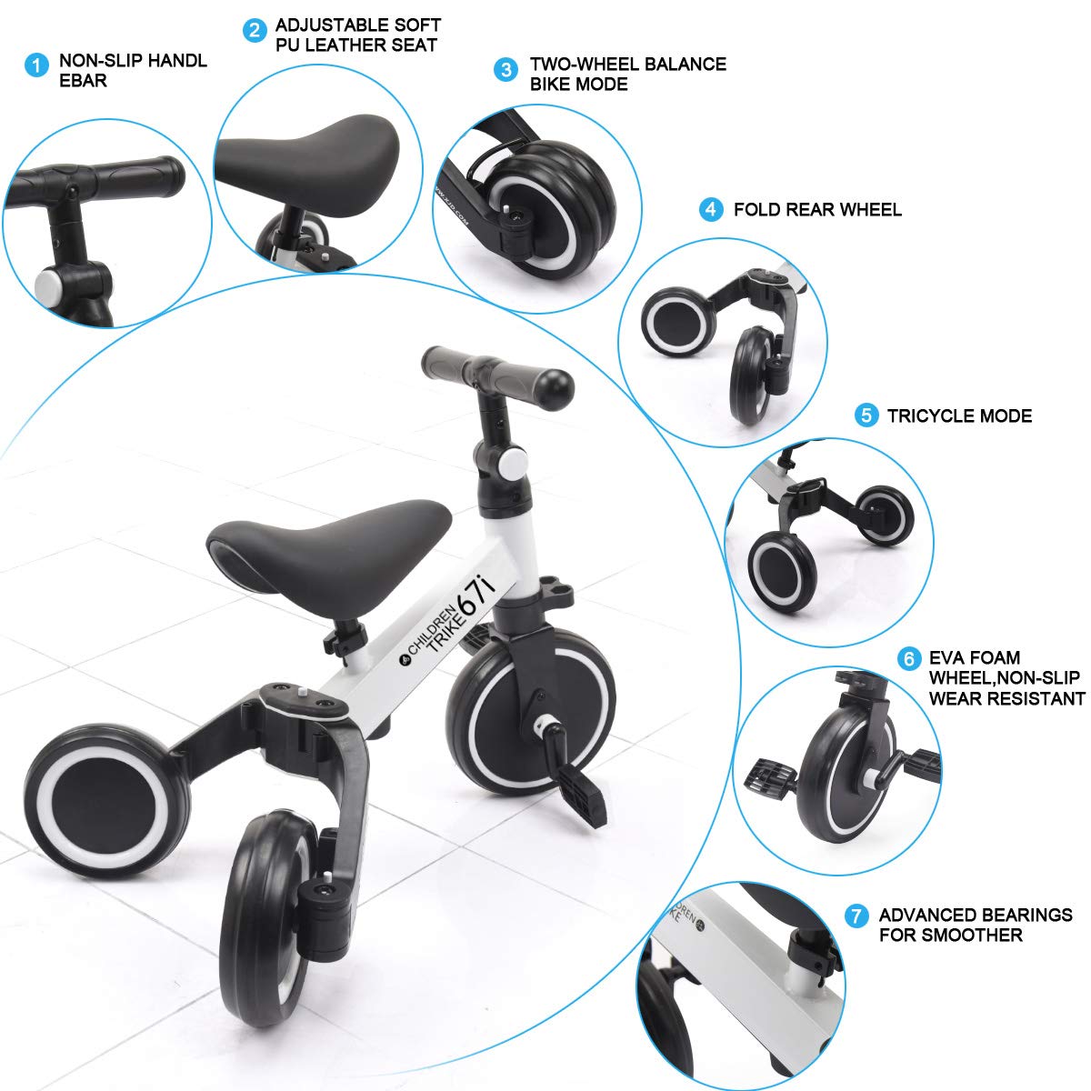 67i Tricycles for 2 Year Olds Toddler Tricycle Kids Trikes Kids Tricycles 3 in 1 for Kids Boys Girls Ages 1-3 Years Old (White)