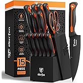 ODERFUN Knife Block Set -15 PCS Dishwasher Safe Kitchen Knife Set, High Carbon Stainless Steel, Razor-Sharp knives set with sharpener, Non-Slip Handles, Elegant Box for Her Him Women Men, Black,