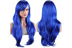 AneShe Wigs 28 Inch 70cm Long Curly Wavy Hair Wig Heat Resistant Cosplay Wig with Wig Cap (Navy Blue)