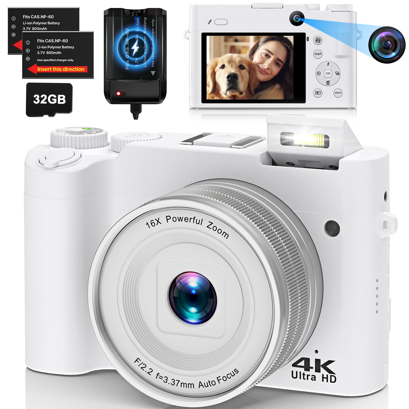 Photo 1 of 4K Digital Camera for Photography, Dual 64MP Autofocus Vlogging Camera for YouTube, 2.8" Screen Compact Travel Camera with 32GB SD Card, Anti-Shake, Flash, 16X Digital Zoom, 2 Batteries & Charger