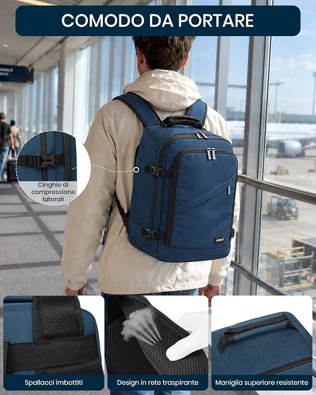 Zaino Ryanair 40x20x25, Zaino da Viaggio e Bagaglio a Mano per Aereo, Zaino Porta PC con Apertura a 180° per Wizz Air e EasyJet (40 x 20 x 25 cm, Marina Militare) — foto 6 di 7