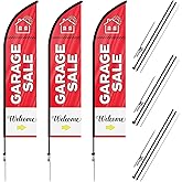 Preboun 3 Sets Garage Sale Signs Feather Flags Pole Kit with Flagpoles Ground Stakes and Storage Bags Yard Advertising Banner for Outside Business Sign Event
