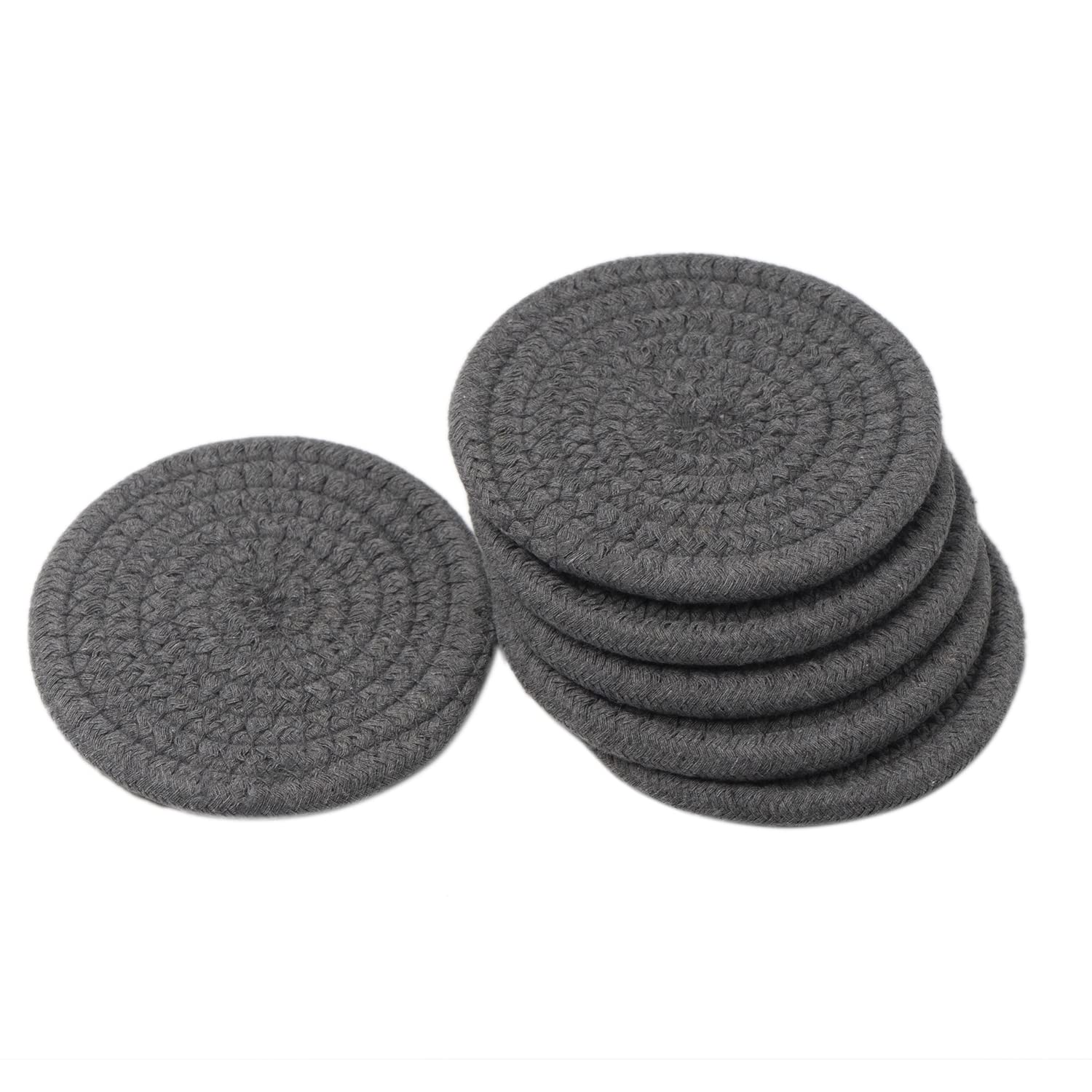 Anzirose Handmade Round Cotton Woven Coasters Braided Cup WAD Absorbent Woven Hot Pads Mats for Drink Coffee Cup Home Kitchen Heat-Resistant Reusable Non-Slip - Set of 6 (Grey)