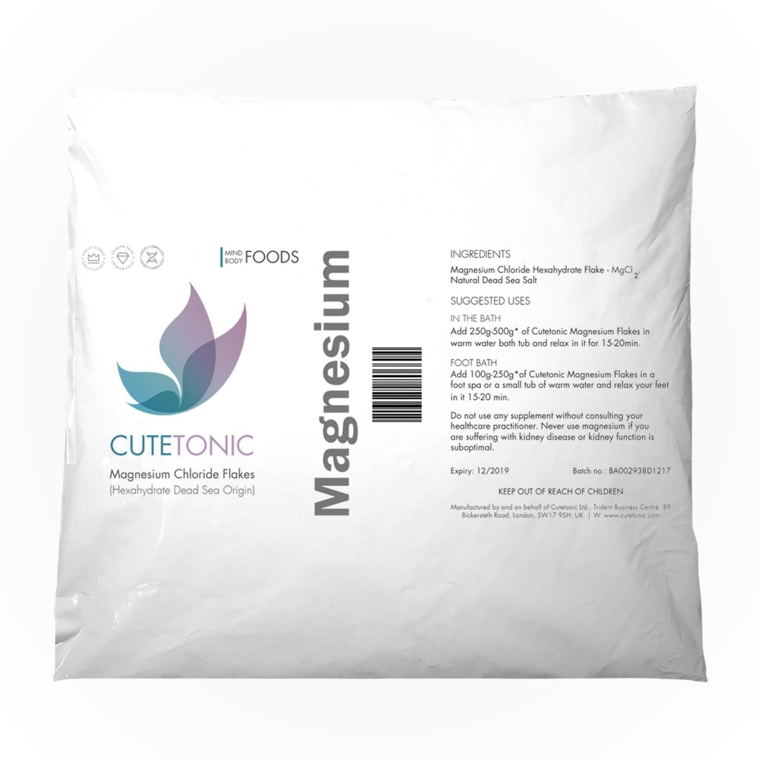 Cutetonic® Ultra Pure Magnesium Chloride Flakes, Dead Sea Origin (Bag) (2KG)