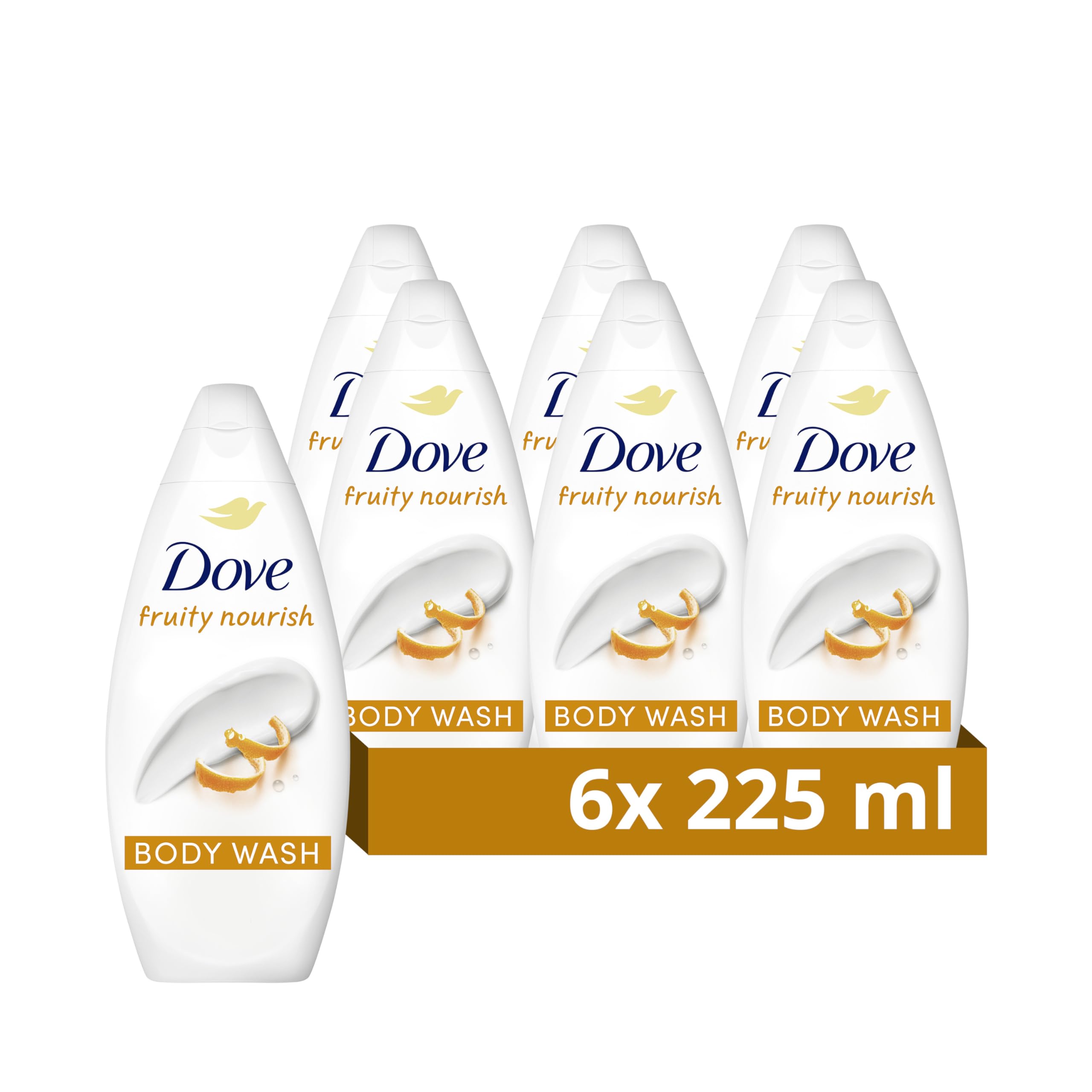 Dove Fruity Nourish Body Wash Body Cleanser shower gel with plant-based moisturisers for softer, smoother skin after one shower 6x 225 ml