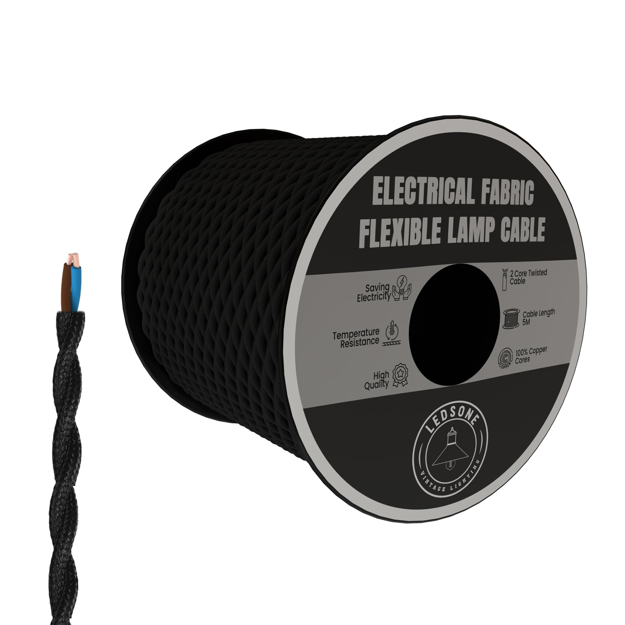 LEDSone Vintage 5 Meters 2 core Black Color Twisted Italian Braided Cable Electrical Fabric Flexible Lamp Cable Wire Cord For UK Pendant Light