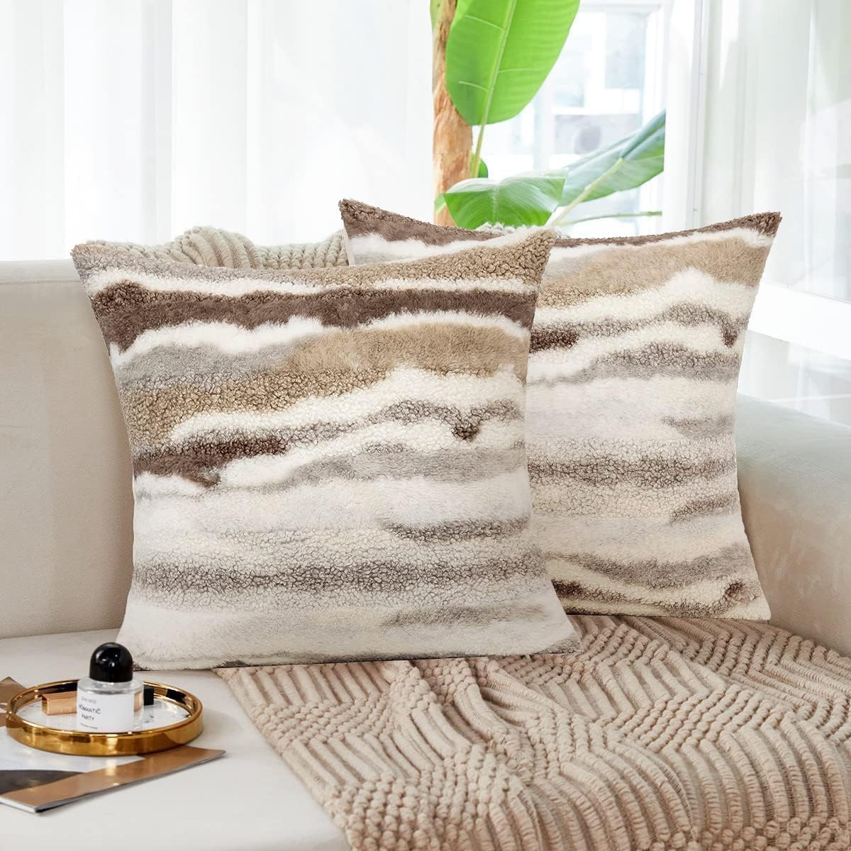 Photo 1 of Joizomou Faux Fur Tan 16x16 Pillow Cover Set of 2 Decorative Modern Pillow Covers White Fluffy Boucle Pillow Sherpa Throw Pillows Covers for Couch Living Room Accent Pillows for Bedroom Boho Decor