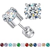 ZQGOFPT Titanium Flat Back Surgical Stainless Steel Stud Earrings for Women Men,Birthstone Stud Earrings Hypoallergenic Double Side 5A Cubic Zirconia Studs Jewelry 6mm