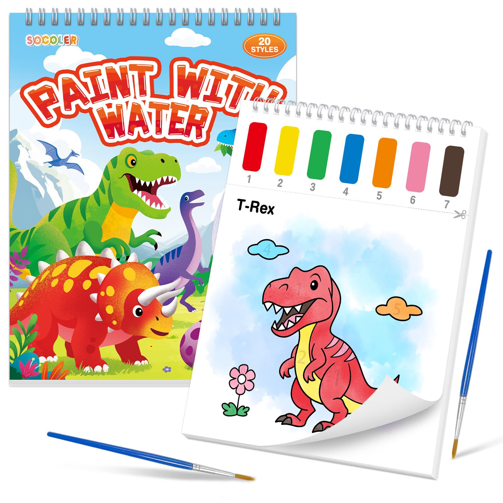 Paint with Water Coloring Books for Toddlers, Dinosaurs Theme Mess Free Watercolor Painting Papers for Kids Water Color Paint Kit Art Craft Birthday Gift for Ages 1-3, 4-8