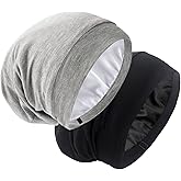 SilkySatin Lined Bonnet Sleep Cap - Adjustable Stay on All Night Hair Wrap Cover Slouchy Beanie for Curly Hair Protection for Women and Men - Black & Light Grey