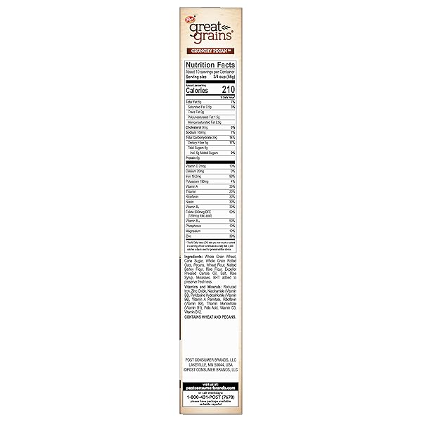 GREAT GRAINS CRUNCHY PECAN BREAKFAST CEREAL, NON GMO PROJECT VERIFIED, HEART HEALTHY, LOW SATURATED FAT, WHOLE GRAIN CEREAL, 19 OUNCE