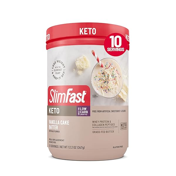 SLIMFAST KETO MEAL REPLACEMENT POWDER, KETO MEAL REPLACEMENT SHAKE, LOW CARB, WHEY PROTEIN, COLLAGEN PROTEIN, GRASS FED BUTTER, WEIGHT LOSS SHAKES POWDER, GLUTEN FREE, VANILLA CAKE BATTER, 10 SERVINGS