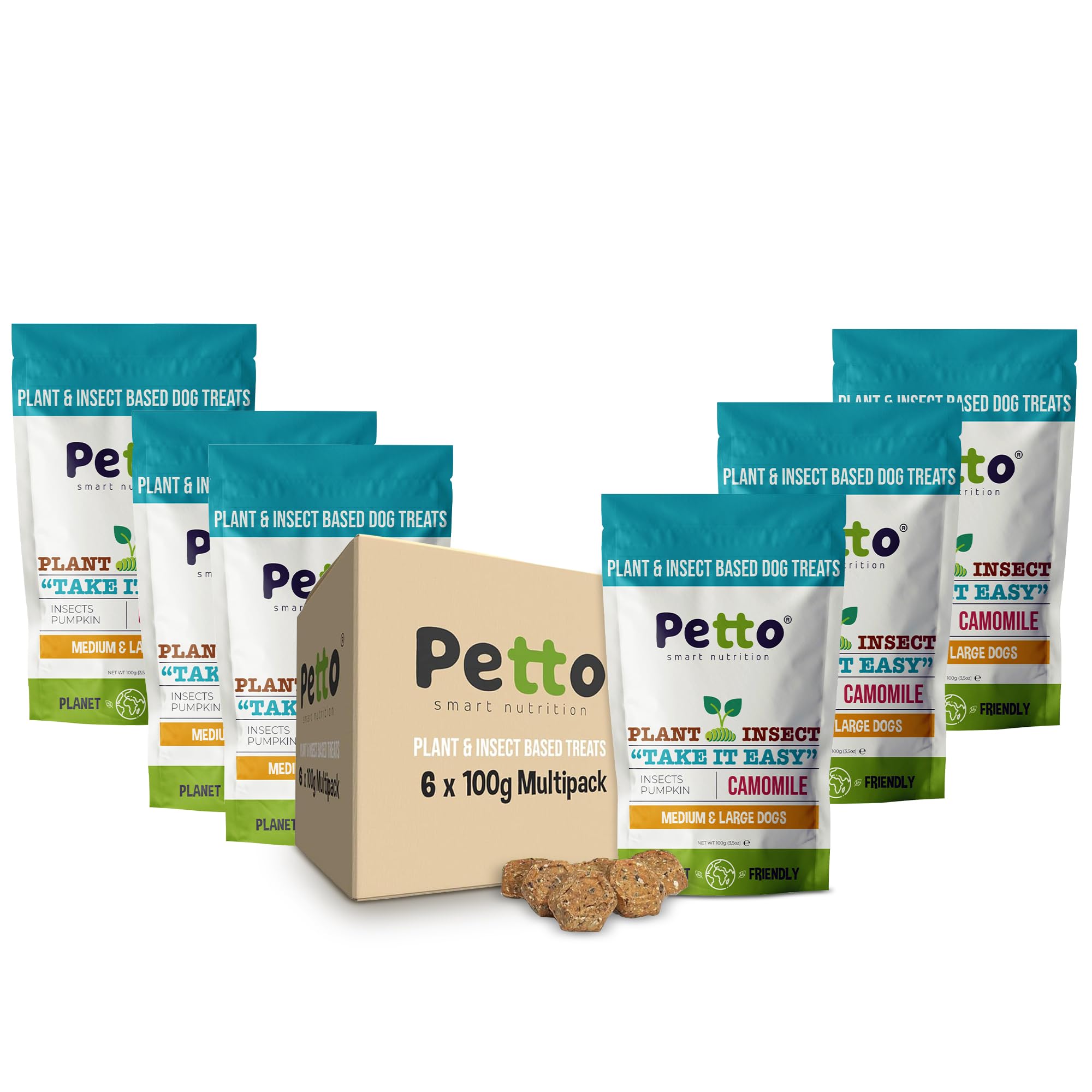 Petto Plant & Insect Based Hypoallergenic Dog Treats 6 x 100g | Healthy & Meat-Free Training Bites | Human Grade & Bakery Made with Crickets, Camomile & Pumpkin