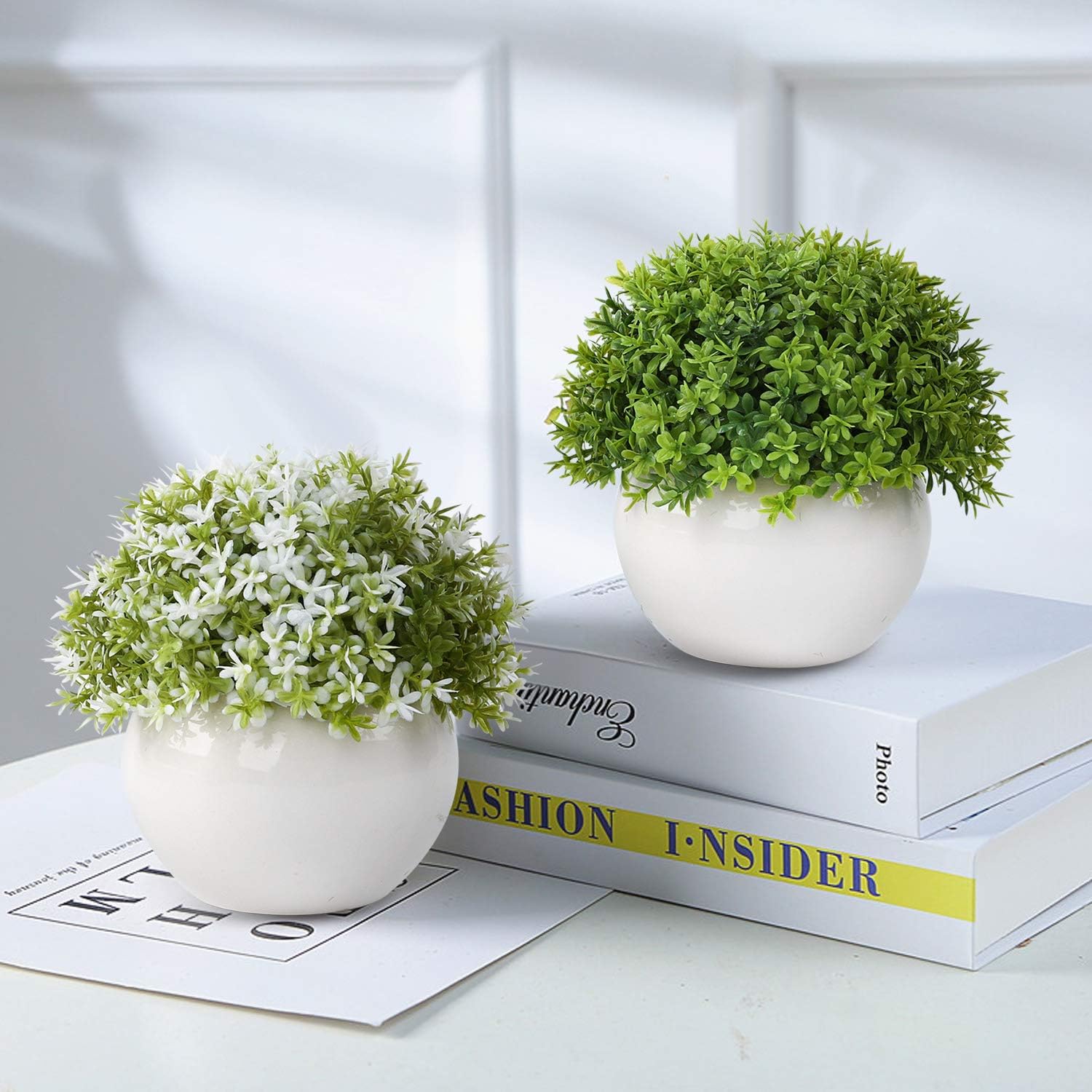 Wholine 2 Packs Artificial Mini Potted Plants Small Fake Green Grass Shrubs with White Pot for Home Office Desk Room Decoration -