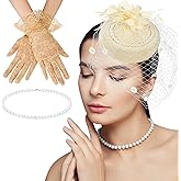 3 Pieces Fascinator Hat for Women Tea Party Derby Hat with Veil Feather Funeral Headpiece Lace Floral Gloves Pearl Necklace (Beige)