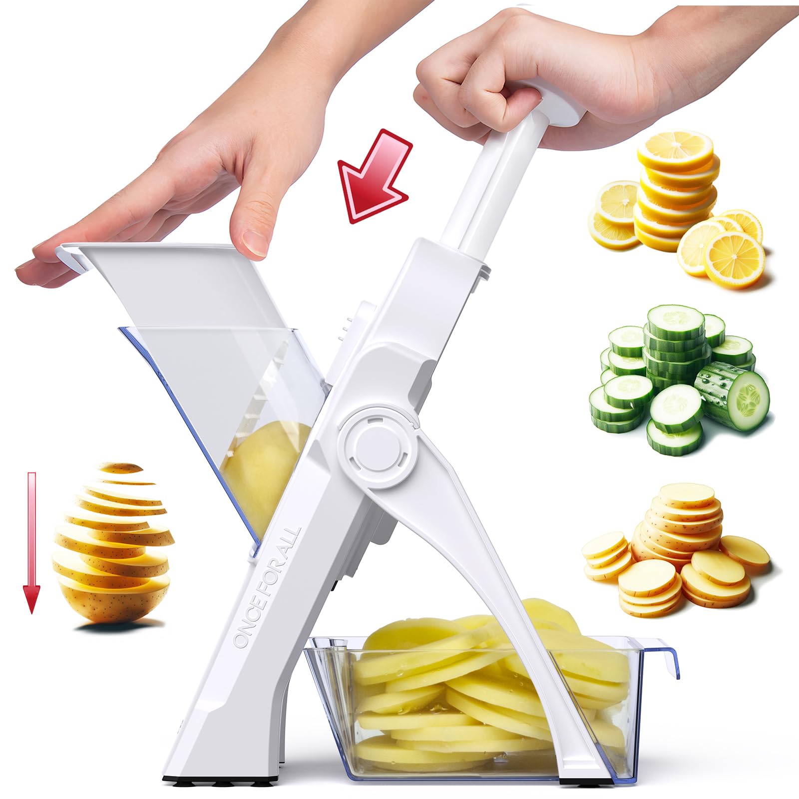 Photo 1 of ONCE FOR ALL Safe Vegetable Slicer For Kitchen, Professional Mandoline Slicer For Food Potato Slices, Thickness Adjustable 0.1-8 mm Kitchen Artifact Fast Meal Prep (White)
