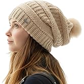 TOP-EX PolarWool™ Winter Slouchy Beanie for Women Icelandic Wool with Faux Fur Pom - Satin or Fleece Lined for Cold Weather