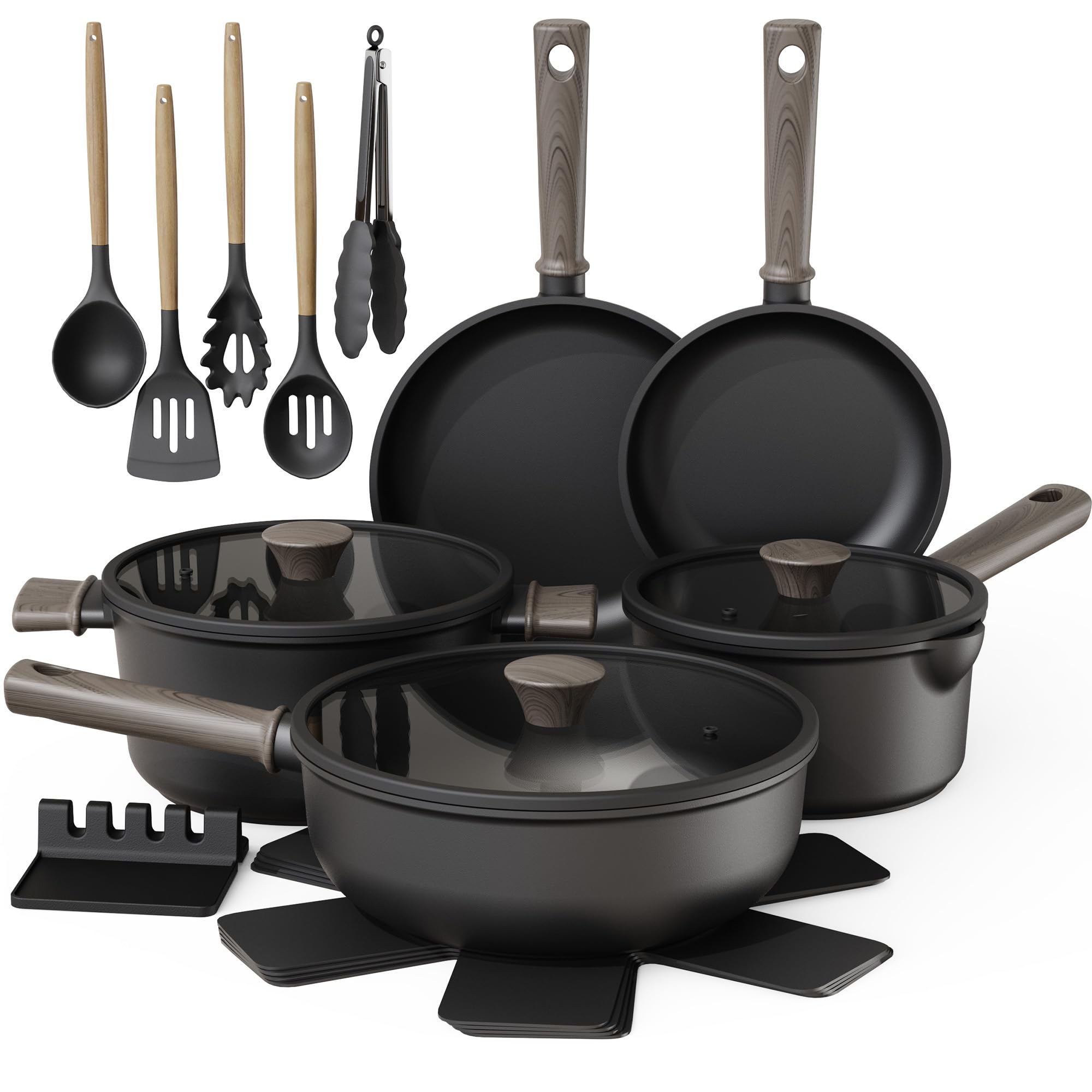 View 1 of **MISSING 1 KNOB AND 3 HANDLESAND I PAN**Astercook 18-Piece Pots and Pans Set, Nonstick Cookware Set with Elegant Wooden Handle, Oven Safe to 480°F, Induction Compatible, Camping and Picnic, Black