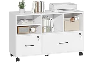 Semoic 2 Drawer Wood Lateral File Cabinet with Lock, Lockable Rolling Filing Cabinet with Open Storage Shelves, Printer Stand Office Storage Cabinet for Home Office Fits Files Legal/A4 Size, White