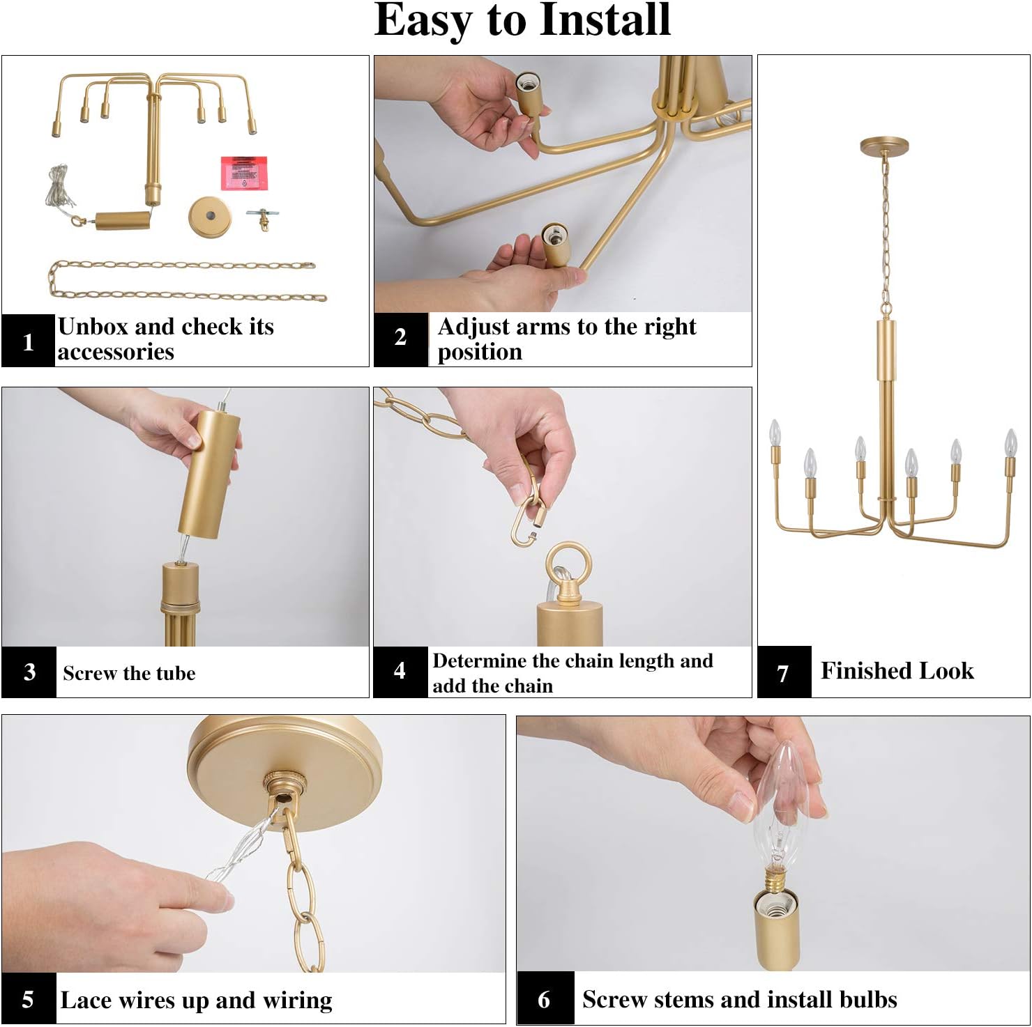 KSANA Gold Chandelier, 6-Lights Modern Chandeliers for Dining Rooms, Living Room, Bedroom, Kitchen, Brushed Gold Finish: Home Improvement